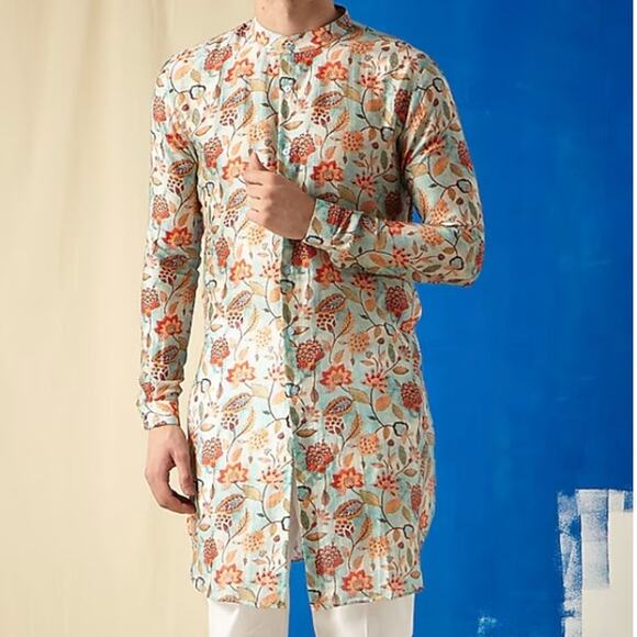 PROJECT BANDI Men's Cotton Sea Blue Printed Mai Kurta Made in India S - Picture 1 of 7